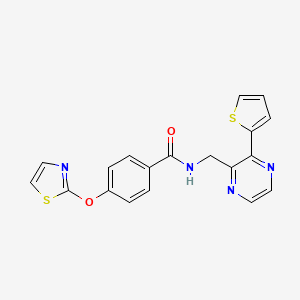 molecular formula C19H14N4O2S2 B2811827 4-(thiazol-2-yloxy)-N-((3-(thiophen-2-yl)pyrazin-2-yl)methyl)benzamide CAS No. 2034366-37-3