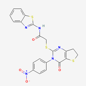 molecular formula C21H15N5O4S3 B2811895 N-(benzo[d]thiazol-2-yl)-2-((3-(4-nitrophenyl)-4-oxo-3,4,6,7-tetrahydrothieno[3,2-d]pyrimidin-2-yl)thio)acetamide CAS No. 850915-97-8