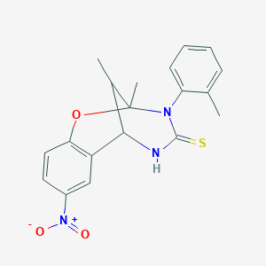 molecular formula C19H19N3O3S B2811903 2,11-dimethyl-8-nitro-3-(o-tolyl)-5,6-dihydro-2H-2,6-methanobenzo[g][1,3,5]oxadiazocine-4(3H)-thione CAS No. 1008923-26-9