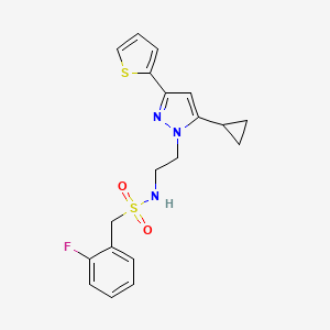 molecular formula C19H20FN3O2S2 B2812122 N-(2-(5-cyclopropyl-3-(thiophen-2-yl)-1H-pyrazol-1-yl)ethyl)-1-(2-fluorophenyl)methanesulfonamide CAS No. 1797716-34-7