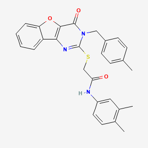 molecular formula C28H25N3O3S B2812178 N-(3,4-dimethylphenyl)-2-({5-[(4-methylphenyl)methyl]-6-oxo-8-oxa-3,5-diazatricyclo[7.4.0.0^{2,7}]trideca-1(9),2(7),3,10,12-pentaen-4-yl}sulfanyl)acetamide CAS No. 866846-06-2
