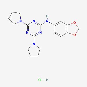 molecular formula C18H23ClN6O2 B2812179 N-(2H-1,3-benzodioxol-5-yl)-4,6-bis(pyrrolidin-1-yl)-1,3,5-triazin-2-amine hydrochloride CAS No. 1179464-19-7