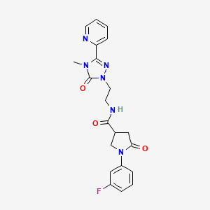molecular formula C21H21FN6O3 B2812180 1-(3-fluorophenyl)-N-(2-(4-methyl-5-oxo-3-(pyridin-2-yl)-4,5-dihydro-1H-1,2,4-triazol-1-yl)ethyl)-5-oxopyrrolidine-3-carboxamide CAS No. 1211367-68-8