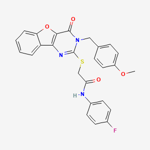 molecular formula C26H20FN3O4S B2812205 N-(4-fluorophenyl)-2-({5-[(4-methoxyphenyl)methyl]-6-oxo-8-oxa-3,5-diazatricyclo[7.4.0.0^{2,7}]trideca-1(9),2(7),3,10,12-pentaen-4-yl}sulfanyl)acetamide CAS No. 866873-76-9