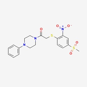 molecular formula C19H21N3O5S2 B2812268 2-(4-Methylsulfonyl-2-nitrophenyl)sulfanyl-1-(4-phenylpiperazin-1-yl)ethanone CAS No. 459175-46-3