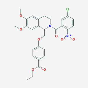 molecular formula C28H27ClN2O8 B2812435 Ethyl 4-{[2-(5-chloro-2-nitrobenzoyl)-6,7-dimethoxy-1,2,3,4-tetrahydroisoquinolin-1-yl]methoxy}benzoate CAS No. 681155-29-3