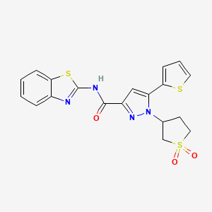 molecular formula C19H16N4O3S3 B2812576 N-(1,3-benzothiazol-2-yl)-1-(1,1-dioxo-1lambda6-thiolan-3-yl)-5-(thiophen-2-yl)-1H-pyrazole-3-carboxamide CAS No. 1203287-05-1