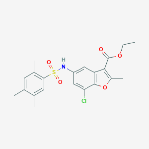 molecular formula C21H22ClNO5S B281268 ETHYL 7-CHLORO-2-METHYL-5-(2,4,5-TRIMETHYLBENZENESULFONAMIDO)-1-BENZOFURAN-3-CARBOXYLATE 