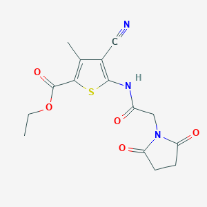molecular formula C15H15N3O5S B2812772 Ethyl 4-cyano-5-(2-(2,5-dioxopyrrolidin-1-yl)acetamido)-3-methylthiophene-2-carboxylate CAS No. 896323-68-5