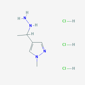 molecular formula C6H13ClN4 B2812801 4-(1-hydrazinylethyl)-1-methyl-1H-pyrazole trihydrochloride CAS No. 1432680-66-4