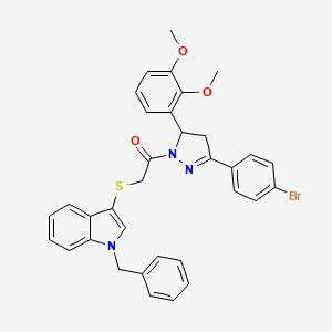 molecular formula C34H30BrN3O3S B2812849 2-(1-Benzylindol-3-yl)sulfanyl-1-[5-(4-bromophenyl)-3-(2,3-dimethoxyphenyl)-3,4-dihydropyrazol-2-yl]ethanone CAS No. 681273-89-2