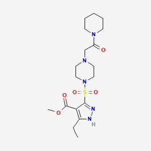 molecular formula C18H29N5O5S B2812856 methyl 3-ethyl-5-((4-(2-oxo-2-(piperidin-1-yl)ethyl)piperazin-1-yl)sulfonyl)-1H-pyrazole-4-carboxylate CAS No. 1324012-38-5