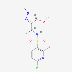 molecular formula C12H14ClFN4O3S B2812861 6-Chloro-2-fluoro-N-[1-(4-methoxy-1-methylpyrazol-3-yl)ethyl]pyridine-3-sulfonamide CAS No. 2224356-84-5