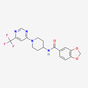 molecular formula C18H17F3N4O3 B2812888 N-{1-[6-(trifluoromethyl)-4-pyrimidinyl]-4-piperidyl}-1,3-benzodioxole-5-carboxamide CAS No. 1775396-14-9