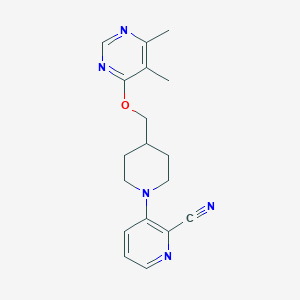 molecular formula C18H21N5O B2812898 3-(4-(((5,6-Dimethylpyrimidin-4-yl)oxy)methyl)piperidin-1-yl)picolinonitrile CAS No. 2320378-70-7