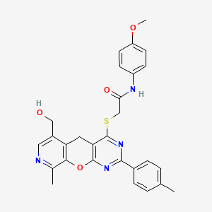 molecular formula C28H26N4O4S B2812926 2-{[6-(hydroxymethyl)-9-methyl-2-(4-methylphenyl)-5H-pyrido[4',3':5,6]pyrano[2,3-d]pyrimidin-4-yl]thio}-N-(4-methoxyphenyl)acetamide CAS No. 892384-70-2