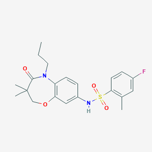 molecular formula C21H25FN2O4S B2812983 N-(3,3-dimethyl-4-oxo-5-propyl-2,3,4,5-tetrahydro-1,5-benzoxazepin-8-yl)-4-fluoro-2-methylbenzene-1-sulfonamide CAS No. 921997-62-8