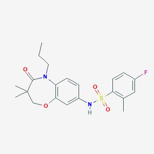 molecular formula C21H25FN2O4S B2812983 N-(3,3-dimethyl-4-oxo-5-propyl-2,3,4,5-tetrahydrobenzo[b][1,4]oxazepin-8-yl)-4-fluoro-2-methylbenzenesulfonamide CAS No. 921997-62-8