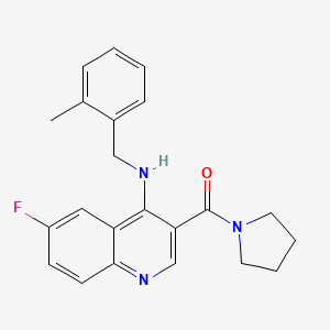 molecular formula C22H22FN3O B2812988 (6-Fluoro-4-((2-methylbenzyl)amino)quinolin-3-yl)(pyrrolidin-1-yl)methanone CAS No. 1326922-06-8