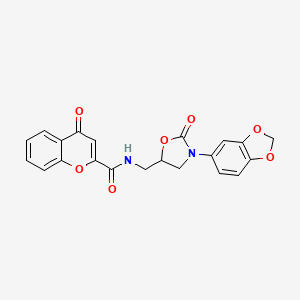 molecular formula C21H16N2O7 B2813074 N-((3-(benzo[d][1,3]dioxol-5-yl)-2-oxooxazolidin-5-yl)methyl)-4-oxo-4H-chromene-2-carboxamide CAS No. 955242-30-5