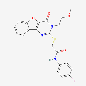 molecular formula C21H18FN3O4S B2813117 N-(4-fluorophenyl)-2-{[5-(2-methoxyethyl)-6-oxo-8-oxa-3,5-diazatricyclo[7.4.0.0^{2,7}]trideca-1(9),2(7),3,10,12-pentaen-4-yl]sulfanyl}acetamide CAS No. 866894-64-6