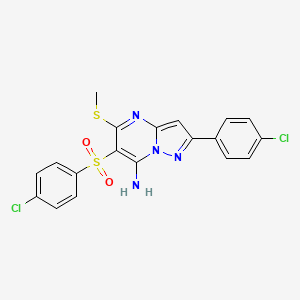 molecular formula C19H14Cl2N4O2S2 B2813143 2-(4-Chlorophenyl)-6-(4-chlorophenyl)sulfonyl-5-methylsulfanylpyrazolo[1,5-a]pyrimidin-7-amine CAS No. 882268-47-5