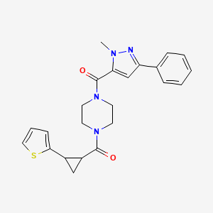 molecular formula C23H24N4O2S B2813195 (1-methyl-3-phenyl-1H-pyrazol-5-yl)(4-(2-(thiophen-2-yl)cyclopropanecarbonyl)piperazin-1-yl)methanone CAS No. 1209555-72-5