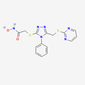 molecular formula C15H14N6O2S2 B2813215 N-hydroxy-2-((4-phenyl-5-((pyrimidin-2-ylthio)methyl)-4H-1,2,4-triazol-3-yl)thio)acetamide CAS No. 878065-60-2