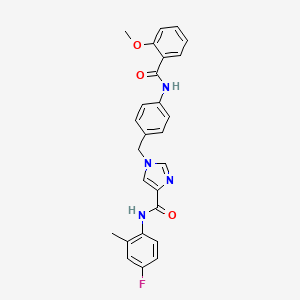 molecular formula C26H23FN4O3 B2813220 N-(4-fluoro-2-methylphenyl)-1-(4-(2-methoxybenzamido)benzyl)-1H-imidazole-4-carboxamide CAS No. 1251708-15-2