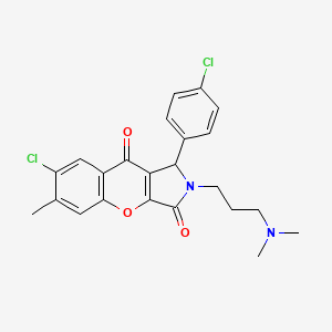 molecular formula C23H22Cl2N2O3 B2813547 7-Chloro-1-(4-chlorophenyl)-2-(3-(dimethylamino)propyl)-6-methyl-1,2-dihydrochromeno[2,3-c]pyrrole-3,9-dione CAS No. 886147-53-1