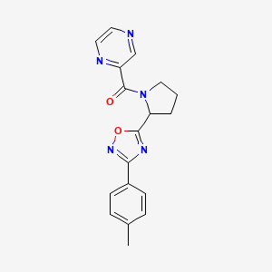molecular formula C18H17N5O2 B2813621 2-({2-[3-(4-Methylphenyl)-1,2,4-oxadiazol-5-yl]pyrrolidin-1-yl}carbonyl)pyrazine CAS No. 1788628-74-9