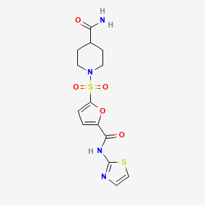 molecular formula C14H16N4O5S2 B2813874 1-((5-(Thiazol-2-ylcarbamoyl)furan-2-yl)sulfonyl)piperidine-4-carboxamide CAS No. 1169966-32-8