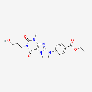molecular formula C20H23N5O5 B2813916 Ethyl 4-[2-(3-hydroxypropyl)-4-methyl-1,3-dioxo-7,8-dihydropurino[7,8-a]imidazol-6-yl]benzoate CAS No. 893962-19-1