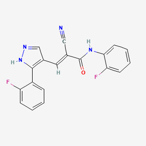 molecular formula C19H12F2N4O B2814049 (E)-2-Cyano-N-(2-fluorophenyl)-3-[5-(2-fluorophenyl)-1H-pyrazol-4-yl]prop-2-enamide CAS No. 1798409-09-2