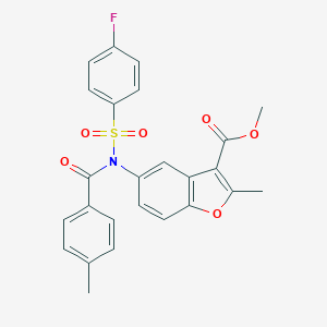 molecular formula C25H20FNO6S B281413 METHYL 5-[N-(4-FLUOROBENZENESULFONYL)4-METHYLBENZAMIDO]-2-METHYL-1-BENZOFURAN-3-CARBOXYLATE 