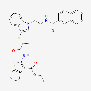 molecular formula C34H33N3O4S2 B2814201 ethyl 2-{2-[(1-{2-[(naphthalen-2-yl)formamido]ethyl}-1H-indol-3-yl)sulfanyl]propanamido}-4H,5H,6H-cyclopenta[b]thiophene-3-carboxylate CAS No. 533865-71-3