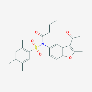 molecular formula C24H27NO5S B281433 N-(3-ACETYL-2-METHYL-1-BENZOFURAN-5-YL)-N-(2,4,5-TRIMETHYLBENZENESULFONYL)BUTANAMIDE 