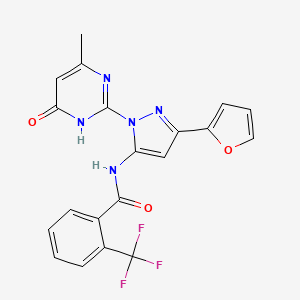 molecular formula C20H14F3N5O3 B2814638 N-(3-(furan-2-yl)-1-(4-methyl-6-oxo-1,6-dihydropyrimidin-2-yl)-1H-pyrazol-5-yl)-2-(trifluoromethyl)benzamide CAS No. 1207051-35-1
