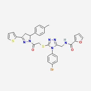B2814969 N-[[4-(4-bromophenyl)-5-[2-[3-(4-methylphenyl)-5-thiophen-2-yl-3,4-dihydropyrazol-2-yl]-2-oxoethyl]sulfanyl-1,2,4-triazol-3-yl]methyl]furan-2-carboxamide CAS No. 393585-86-9