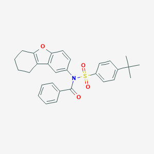 molecular formula C29H29NO4S B281531 N-{[4-(2-Methyl-2-propanyl)phenyl]sulfonyl}-N-(6,7,8,9-tetrahydrodibenzo[B,D]furan-2-YL)benzamide 