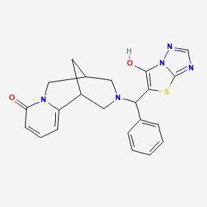 molecular formula C22H21N5O2S B2815337 3-((6-hydroxythiazolo[3,2-b][1,2,4]triazol-5-yl)(phenyl)methyl)-3,4,5,6-tetrahydro-1H-1,5-methanopyrido[1,2-a][1,5]diazocin-8(2H)-one CAS No. 1005104-04-0