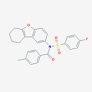 molecular formula C26H22FNO4S B281547 N-[(4-Fluorophenyl)sulfonyl]-4-methyl-N-(6,7,8,9-tetrahydrodibenzo[B,D]furan-2-YL)benzamide 