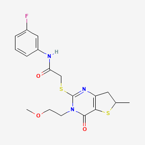 molecular formula C18H20FN3O3S2 B2815472 N-(3-fluorophenyl)-2-{[3-(2-methoxyethyl)-6-methyl-4-oxo-3H,4H,6H,7H-thieno[3,2-d]pyrimidin-2-yl]sulfanyl}acetamide CAS No. 851410-29-2