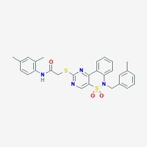 molecular formula C28H26N4O3S2 B2815681 N-(2,4-dimethylphenyl)-2-((6-(3-methylbenzyl)-5,5-dioxido-6H-benzo[c]pyrimido[4,5-e][1,2]thiazin-2-yl)thio)acetamide CAS No. 932313-90-1