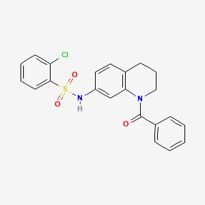 molecular formula C22H19ClN2O3S B2815719 N-(1-benzoyl-1,2,3,4-tetrahydroquinolin-7-yl)-2-chlorobenzene-1-sulfonamide CAS No. 946322-55-0