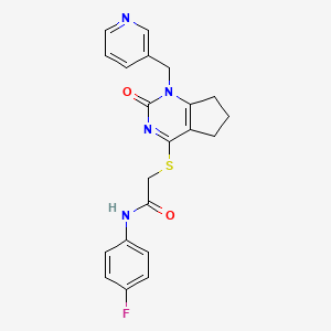 molecular formula C21H19FN4O2S B2815829 N-(4-fluorophenyl)-2-({2-oxo-1-[(pyridin-3-yl)methyl]-1H,2H,5H,6H,7H-cyclopenta[d]pyrimidin-4-yl}sulfanyl)acetamide CAS No. 932961-87-0