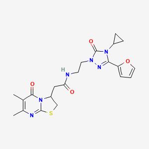 molecular formula C21H24N6O4S B2815983 N-(2-(4-cyclopropyl-3-(furan-2-yl)-5-oxo-4,5-dihydro-1H-1,2,4-triazol-1-yl)ethyl)-2-(6,7-dimethyl-5-oxo-3,5-dihydro-2H-thiazolo[3,2-a]pyrimidin-3-yl)acetamide CAS No. 1797174-44-7