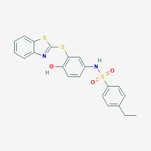 molecular formula C21H18N2O3S3 B281603 N-[3-(1,3-BENZOTHIAZOL-2-YLSULFANYL)-4-HYDROXYPHENYL]-4-ETHYLBENZENE-1-SULFONAMIDE 