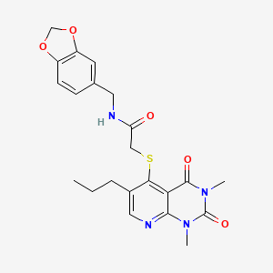 molecular formula C22H24N4O5S B2816132 N-(benzo[d][1,3]dioxol-5-ylmethyl)-2-((1,3-dimethyl-2,4-dioxo-6-propyl-1,2,3,4-tetrahydropyrido[2,3-d]pyrimidin-5-yl)thio)acetamide CAS No. 942002-34-8