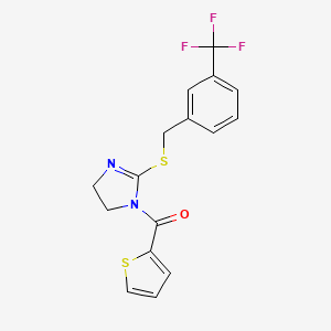 molecular formula C16H13F3N2OS2 B2816138 thiophen-2-yl(2-((3-(trifluoromethyl)benzyl)thio)-4,5-dihydro-1H-imidazol-1-yl)methanone CAS No. 851805-89-5